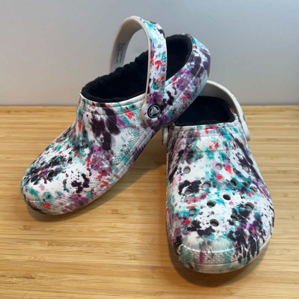 Crocs Classic Lined Tie Dye Multicolor Clogs Fleece Lined Women’s 9 Men’s 7